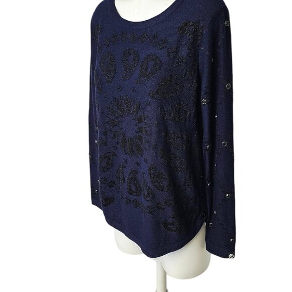Desigual Womens Paisley Knit Embellished Long Sleeve Sweater, Blue, Black Size M - Picture 10 of 11